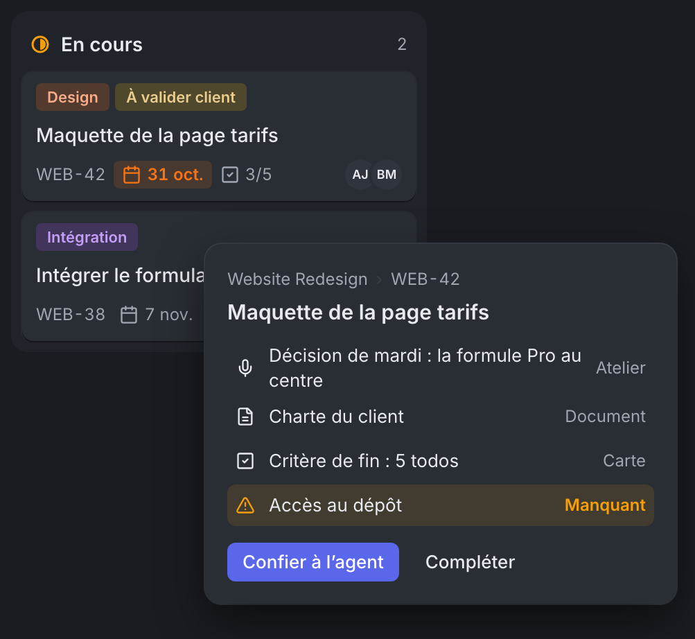 La colonne En cours du projet Website Redesign, et le contexte que la carte WEB-42 emporte vers l’agent : la décision de mardi, la charte du client, 5 todos comme critère de fin, l’accès au dépôt signalé manquant.